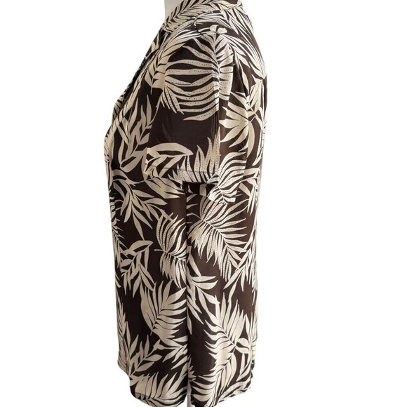 AMBER SUN Short Sleeve Button Front Blouse Chocolate Brown Cream Leaf Pattern S - Picture 2 of 7